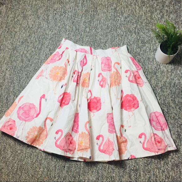 Chicwish White Pink Flamingo Knee Length Print Pleated A-line Midi Skirt Medium - Picture 5 of 16